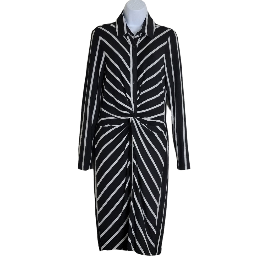 Venus Knot Detail Black White Stripe Longsleeve Button Up Shirt Dress